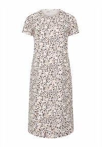 Abito T-shirt con stampa leopardata in tessuto morbido, maniche corte, collo rotondo, lunga fino al ginocchio, caratterizzato da motivi beige e neri con accenti dorati a forma di stella.