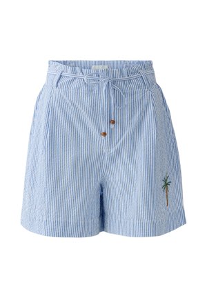 Light blue and white vertical striped shorts with a drawstring waist and embroidered palm tree detail on the right leg.
