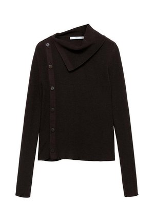 Brown knitted sweater with a cowl neck design, featuring a side button closure and long sleeves. Fabric appears soft and textured.