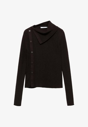 Pulover tricotat de culoare maro, cu un design cu guler tip cowl, având închidere laterală cu nasturi și mâneci lungi. Materialul pare moale și texturat.