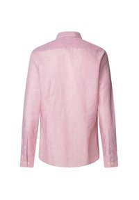Vue de dos d'une chemise à manches longues à rayures verticales roses et blanches, avec col et poignets boutonnés.