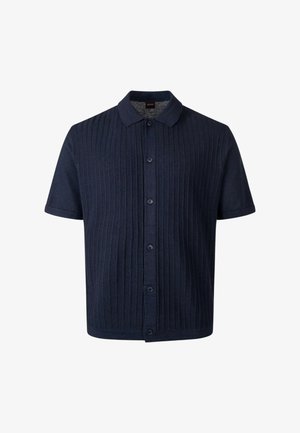 Chemise bleu marine à manches courtes avec boutons, texture côtelée verticale et col classique.
