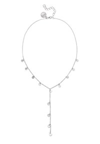 Collana in argento con molteplici piccoli pendenti rotondi e una sezione a goccia a forma di Y, dotata di chiusura regolabile e catena di estensione.