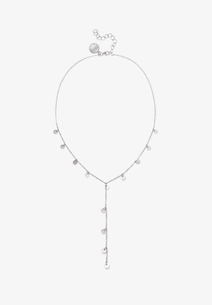 Srebrna lančić ogrlica s više malih okruglih privjesaka i Y-oblikovanim dijelom koji pada, s prilagodljivom kopčom i produžnom lancem.