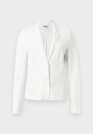 Weißer taillierter Blazer mit zwei Knöpfen, Spitzrevers, langen Ärmeln und einer Frontleistentasche auf der rechten Seite.