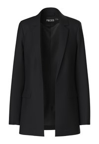 Blazer noir sur mesure avec revers crantés, manches longues, deux poches avant à rabat et devant ouvert.