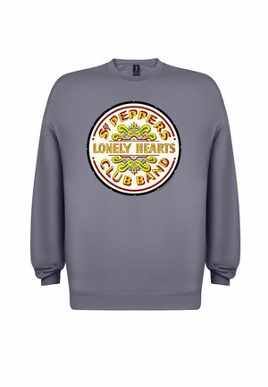 Grå sweatshirt med rund hals og lange ærmer, der har et cirkulært grafisk print med "Sgt. Pepper's Lonely Hearts Club Band" i klare farver.