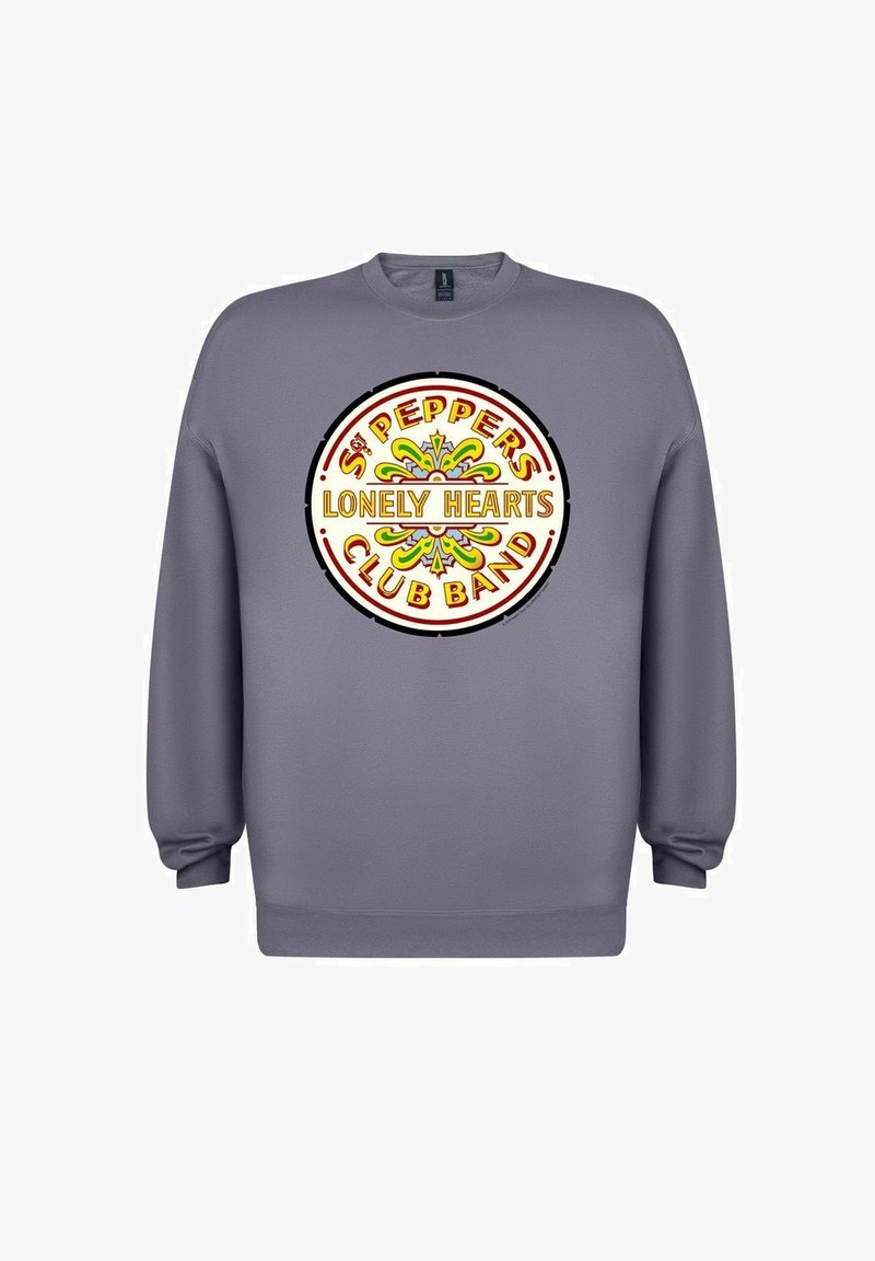 Grå sweatshirt med rund hals og lange ærmer, der har et cirkulært grafisk print med "Sgt. Pepper's Lonely Hearts Club Band" i klare farver.