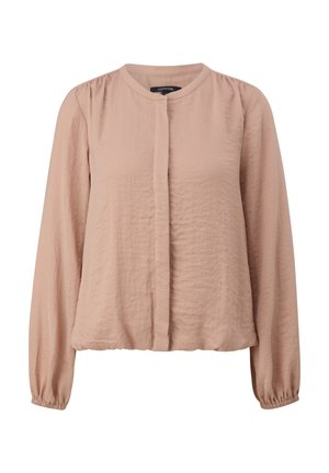 Long-sleeve, mauve blouse with a round neck, lightly crinkled texture, and buttoned front, featuring gathered sleeves and a relaxed fit.