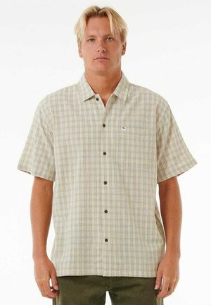 Korte mouwen geruite overhemd in beige en groene tinten, met een knoopsluiting, een borstzak en een klein logo aan de linkerkant.