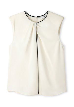 Mouwloze crèmekleurige blouse met een geplooid voorpand, zwart kant langs de halslijn en het midden, voorzien van een knoopsluiting aan de achterkant. Glad oppervlak.