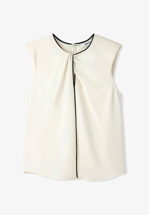 Ärmellose cremefarbene Bluse mit gefaltetem Vorderteil, schwarzer Einfassung entlang des Ausschnitts und der Mitte sowie einer Knopfschließe am Rücken. Glatte Textur.