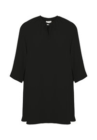 Schwarzes Tunika-Oberteil mit runder Ausschnitt, Dreiviertelärmel und einem Bindeband am Hals. Glattes, leichtes Material mit einem lockeren Schnitt.