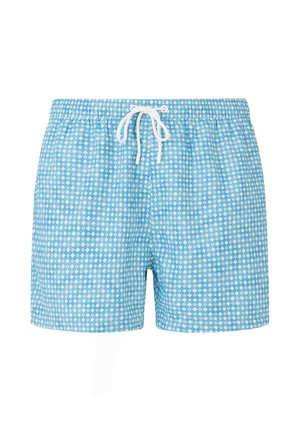 Jasnoniebieskie kąpielówki z białym geometrycznym wzorem w kształcie diamentów oraz białym, regulowanym sznurkiem w pasie.