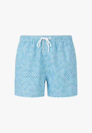 Pantaloni scurți de baie albastru deschis cu model geometric alb în formă de diamant și talie reglabilă cu șnur alb.