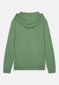 Felpa verde con cappuccio, realizzata in misto cotone, presenta un cappuccio regolabile con coulisse, maniche lunghe e polsini e orlo a costine, con una superficie liscia e morbida.