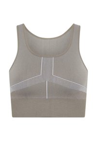 Sportivo color marrone chiaro con un design testurizzato e a coste. Presenta cuciture bianche in un motivo geometrico e un ampio elastico solido nella parte inferiore.