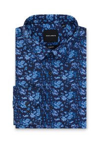 Męska koszula wizytowa slim fit z niebiesko-granatowym wzorem florystycznym, z zapięciem na guziki z przodu, z podwiniętymi rękawami oraz kołnierzykiem rozpostartym.