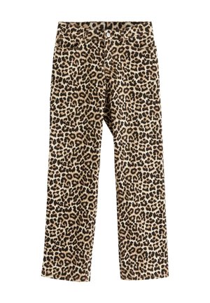 Leopardenmuster-Jeans mit einem beigen Hintergrund und dunklen braunen Flecken, gerade geschnitten, mit Fronttaschen und Metallknopfverschluss.