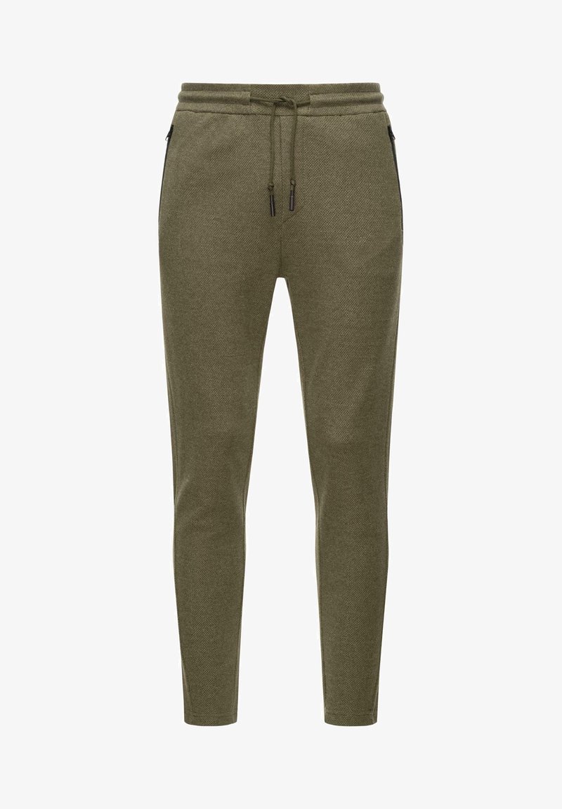Olijfgroene joggingsbroek van textuurmateriaal, met een trekkoord in de taille, zijzakken met rits en een taps toelopend ontwerp.