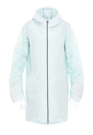 Hellmintgrüne Jacke mit Kapuze, die geraffte Details an den Ärmeln, einen Frontreißverschluss und eine glatte, leichte Stoffstruktur aufweist.