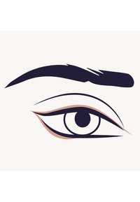 Illustrazione di un occhio con un sopracciglio scuro, linee eleganti e un occhio a forma di mandorla. Accenti di colore rosa e nero, su uno sfondo chiaro.