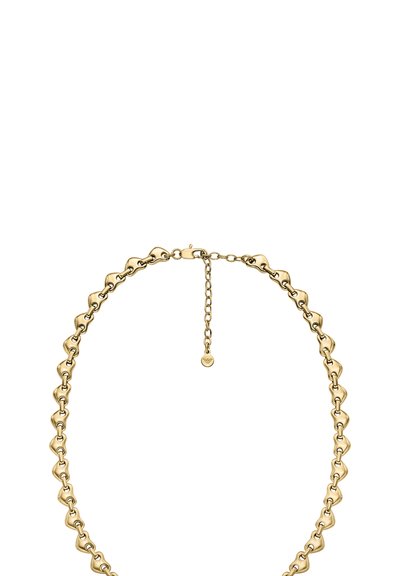 Collier chaîne doré comprenant des maillons alternés en forme de cœur et ovales, avec un fermoir mousqueton et une extension de chaîne réglable.