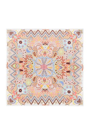 Multicolored patterned scarf featuring intricate floral designs, zigzag accents, and a blend of pastel and bold colors on lightweight fabric.