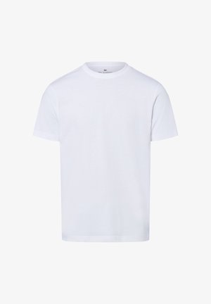 White cotton t-shirt with a crew neckline, short sleeves, and a relaxed fit. No visible patterns or hardware details. Smooth texture.