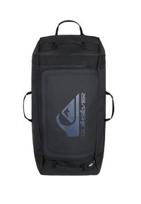 Black duffel bag made of durable fabric, featuring a large front pocket with a blue logo, two side handles, and reinforced stitching.