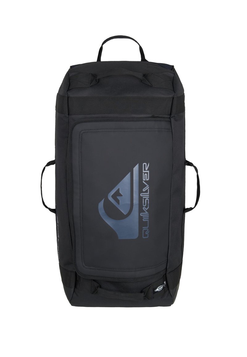 Black duffel bag made of durable fabric, featuring a large front pocket with a blue logo, two side handles, and reinforced stitching.