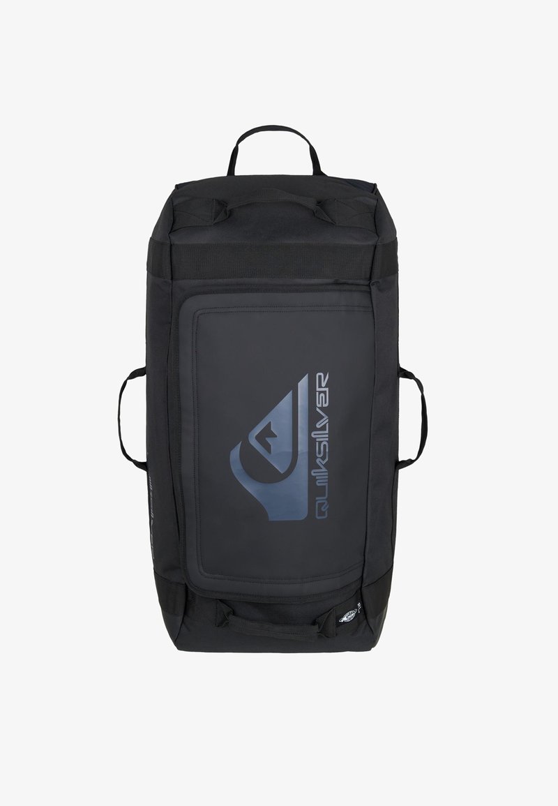 Black duffel bag made of durable fabric, featuring a large front pocket with a blue logo, two side handles, and reinforced stitching.