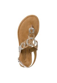 Brune lædersandal med en metallisk sølvrem og juvelbesætning. Har åben tå og ankelrem med lukning. Glat tekstur.