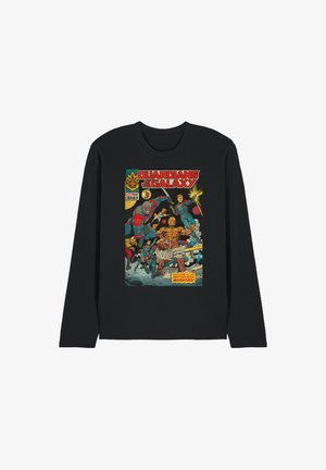 Black long-sleeve t-shirt featuring a colorful comic book-style design with "Guardians of the Galaxy" and various characters, bright details.