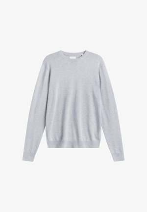 Grauer Pullover mit Rundhalsausschnitt, langen Ärmeln, gerippten Bündchen und Saum, gefertigt aus weichem Stoff mit glatter Oberfläche. Keine sichtbaren Muster oder Akzente.