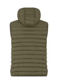 Puff vest i dempet olivengrønn med hette, med vertikal quilt og en jevn tekstur. Uten ermer, med en mørk kant nederst.
