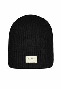 Black knitted beanie with a ribbed texture, featuring a small rectangular brand label with the text "BARTS AMSTERDAM" stitched on it.