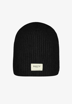 Black knitted beanie with a ribbed texture, featuring a small rectangular brand label with the text "BARTS AMSTERDAM" stitched on it.