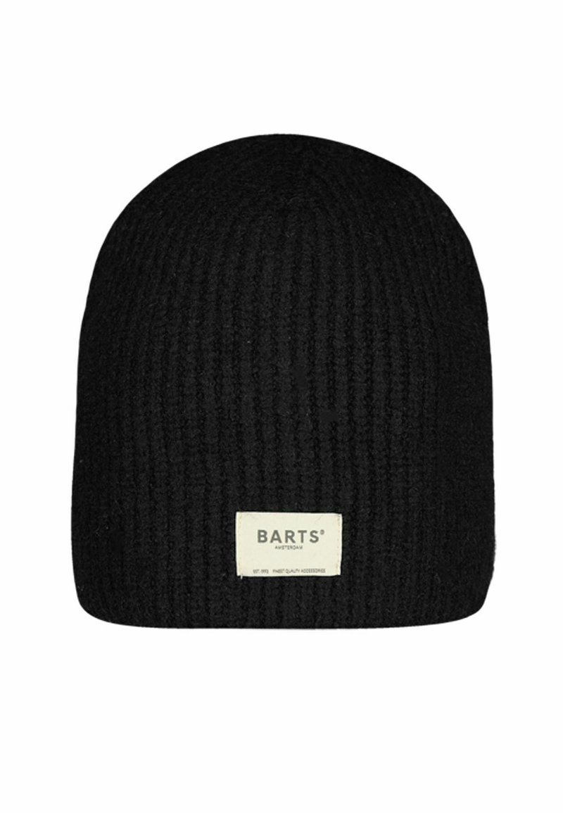 Black knitted beanie with a ribbed texture, featuring a small rectangular brand label with the text "BARTS AMSTERDAM" stitched on it.