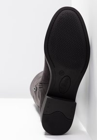 Semelle d'une botte noire avec une semelle texturée antidérapante, taille 37 indiquée, positionnée à la verticale contre un mur blanc sur une surface blanche.