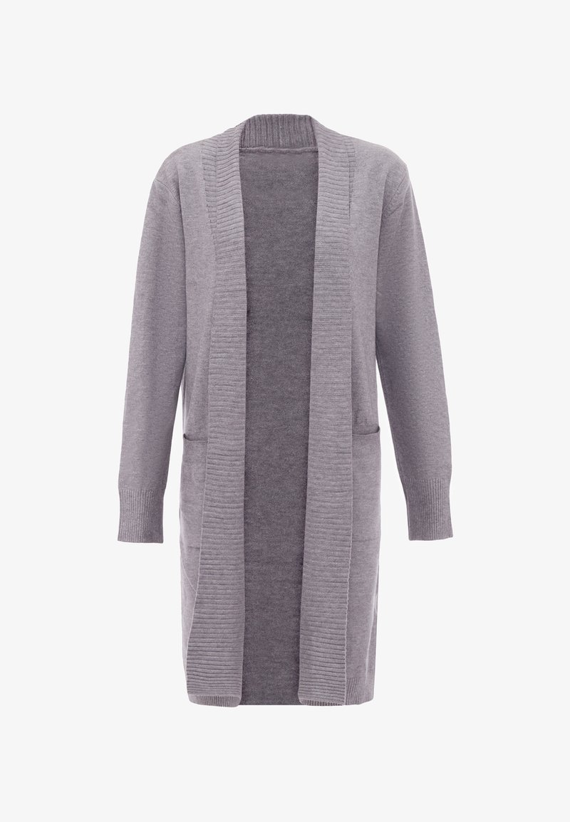 Grauer langer Cardigan mit geripptem offenen Frontansatz, langen Ärmeln und zwei Fronttaschen. Hergestellt aus weichem Strickstoff.