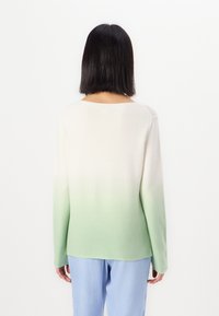 Pull léger présentant un dégradé de crème à vert, avec des manches longues et un col rond. Texture douce, coutures minimales.