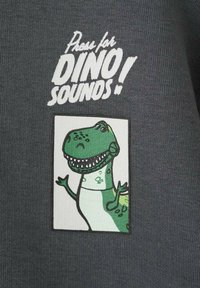 Šedá látka s bílým potiskem s nápisem „Stiskněte pro zvuky DINOSAURA!“ a karikaturním dinosaurem v zelené a bílé barvě.