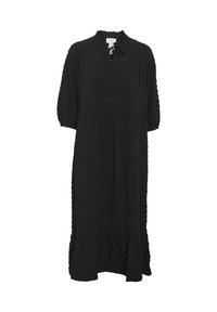 Schwarz, fließendes Kleid aus strukturiertem Stoff, mit einem runden Ausschnitt und einer Schnürung, dreiviertel langen Ärmeln und einem rüschenden Saum.