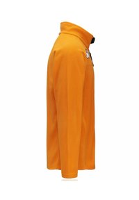 Giacca in fleece arancione con colletto alto, maniche lunghe e zip nera. Presenta un logo sul petto, una texture liscia e nessun motivo visibile.