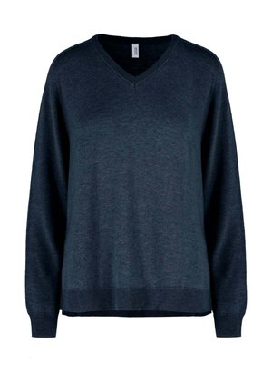 Maglione in maglia grigio scuro a manica lunga con polsini e orlo a coste, collo a V e vestibilità comoda.