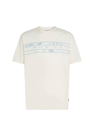 Weißes Baumwoll-T-Shirt mit einem hellblauen Streifendesign über der Brust und dem Schriftzug "O'Neill". Kurze Ärmel und Rundhalsausschnitt.