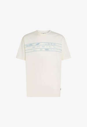 Weißes Baumwoll-T-Shirt mit einem hellblauen Streifendesign über der Brust und dem Schriftzug "O'Neill". Kurze Ärmel und Rundhalsausschnitt.
