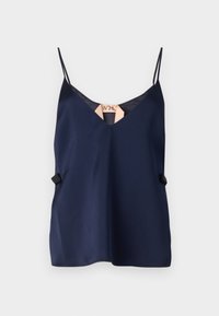 Camisole en satin bleu marine avec des fines bretelles, décolleté en V et deux accents latéraux pour la structure. Texture douce, design minimaliste et sans motifs visibles.