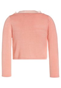 Maglione cropped a maniche lunghe realizzato in morbido tessuto a maglia rosa chiaro con una leggera lucentezza e un dettaglio di collo arricciato sul retro.